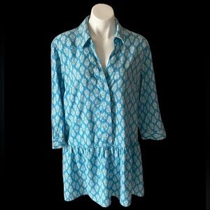 ZARA PASTEL BLUE-WHITE FLORAL PRINTED MINI SHIRT DRESS WITH 3/4 SLEEVES MODAL